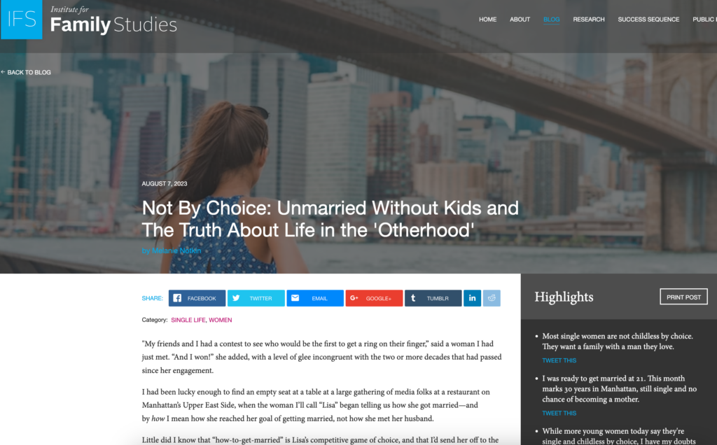 Institute for Family Studies: Not By Choice: Unmarried Without Kids and The Truth About Life in the 'Otherhood'